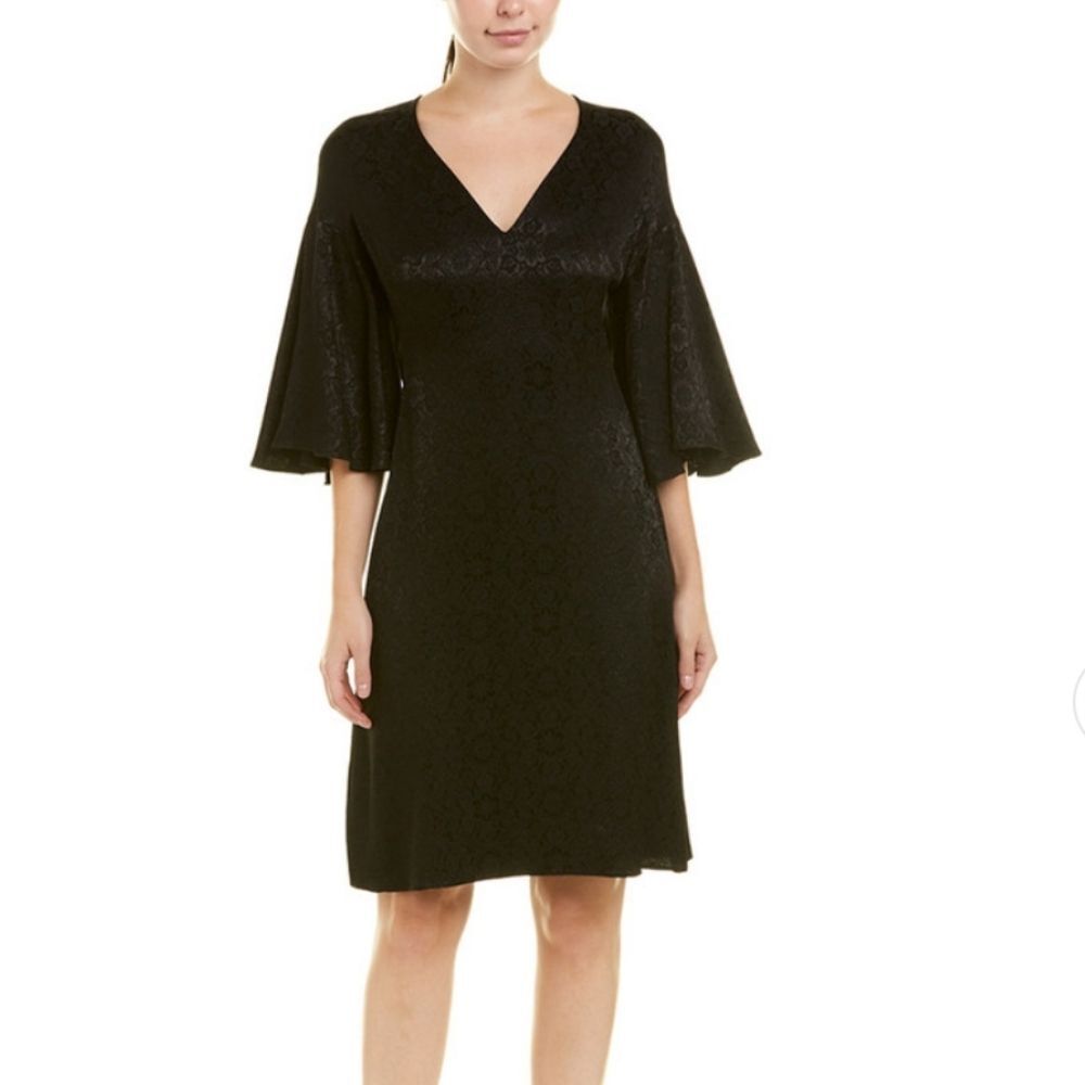 Derek Lam Jacquard Shift Bell Sleeves Dress in Black V-Neck Women's Size 42